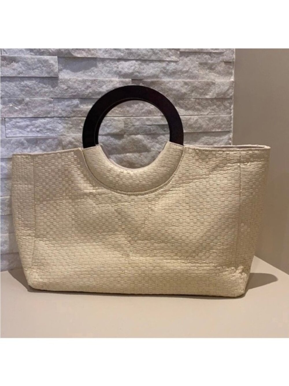 Rafia Woven Basket Wooden Handle Tote Bag